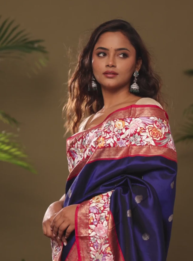 Blue & Pink Kanchipuram Silk Saree Parsi Work Embroidery border