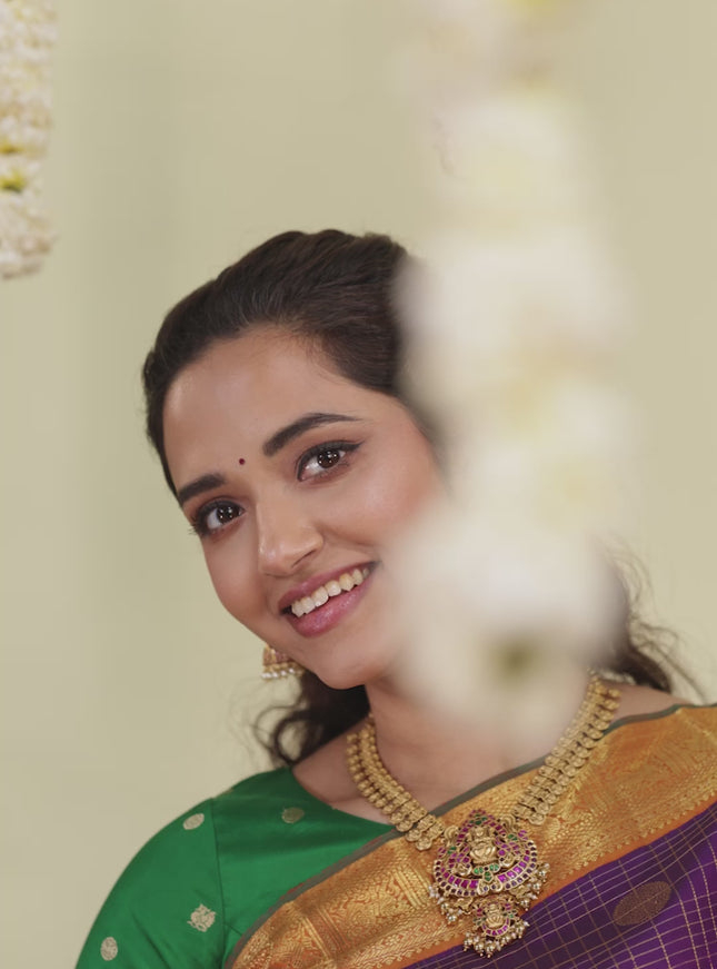Purple-Orange Pure Kanchipuram Silk Saree With Allover zari checks & buttas and zari border