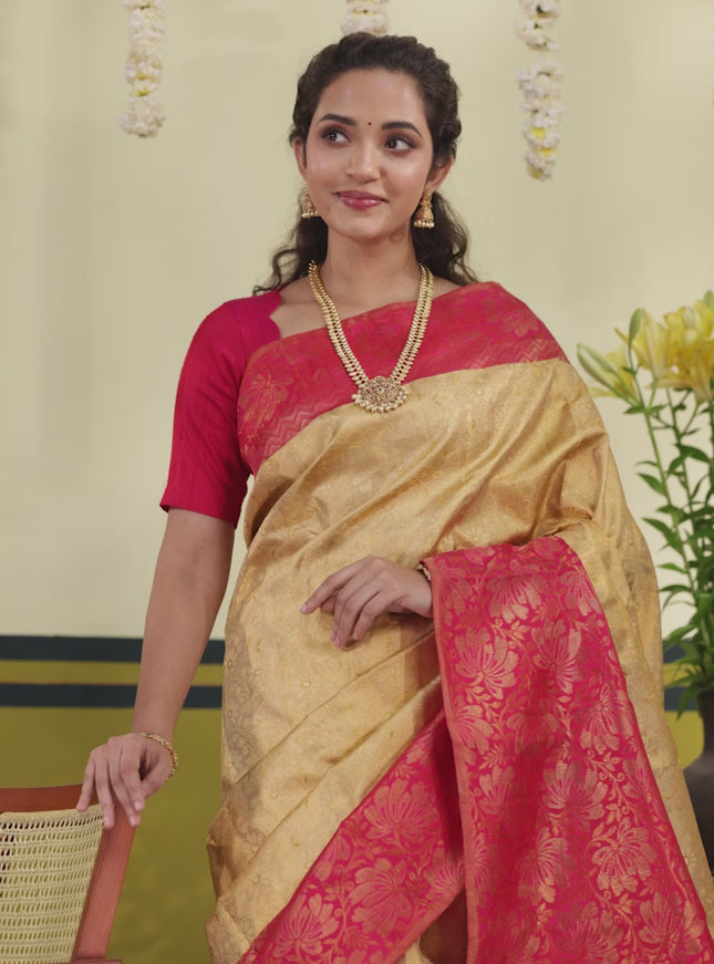 Sandal-Pink Pure kanchipuram silk saree with allover brocade zari weaves & rich zari woven border