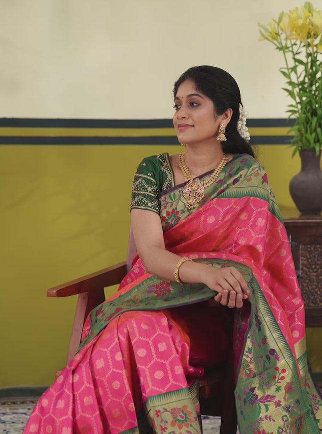 Dual shade of pinkish orange-Green Pure kanchipuram silk saree & long paithani style border