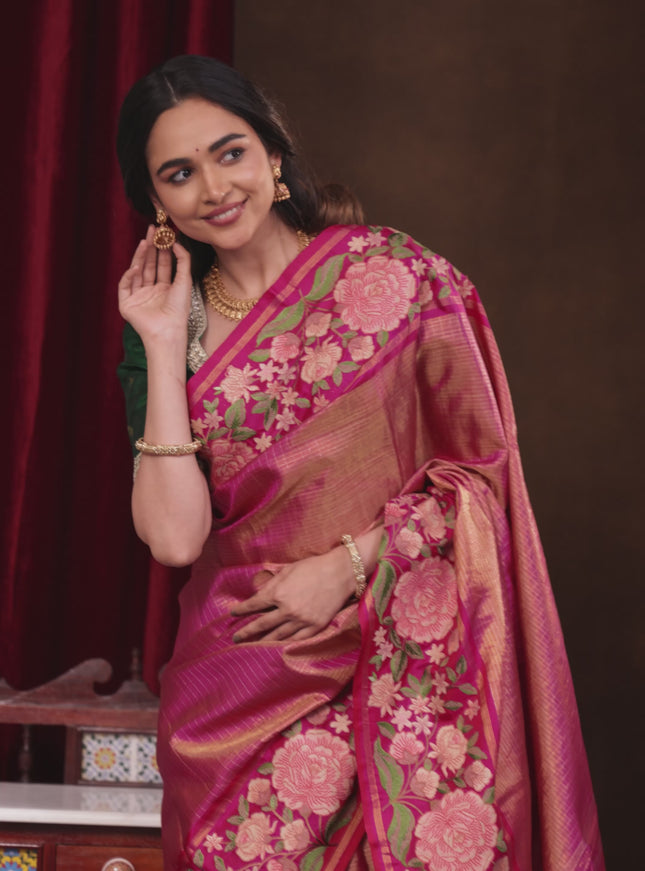 Pink Pure Kanchipuram Tissue Silk Saree With Border Embroidery