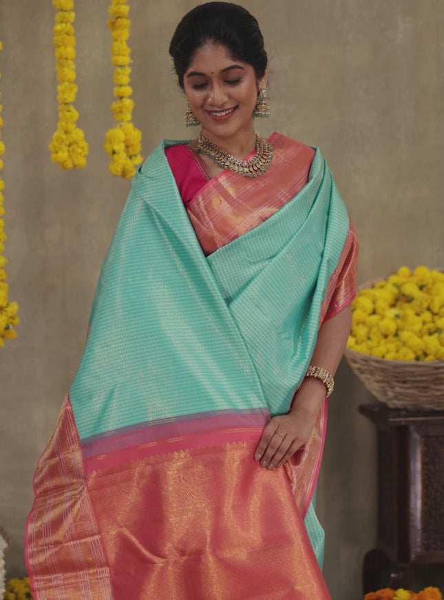 Teal blue-Peach Pink Pure Kanchipuram Silk Saree With Silver & Gold zari weaves & rich zari border