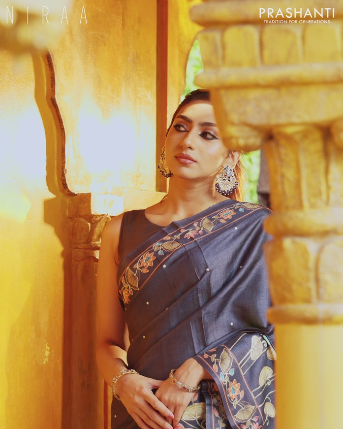 Pure tussar silk saree dark elephant grey with allover pichwai prints & embroidery work buttas and pita work pichwai printed border