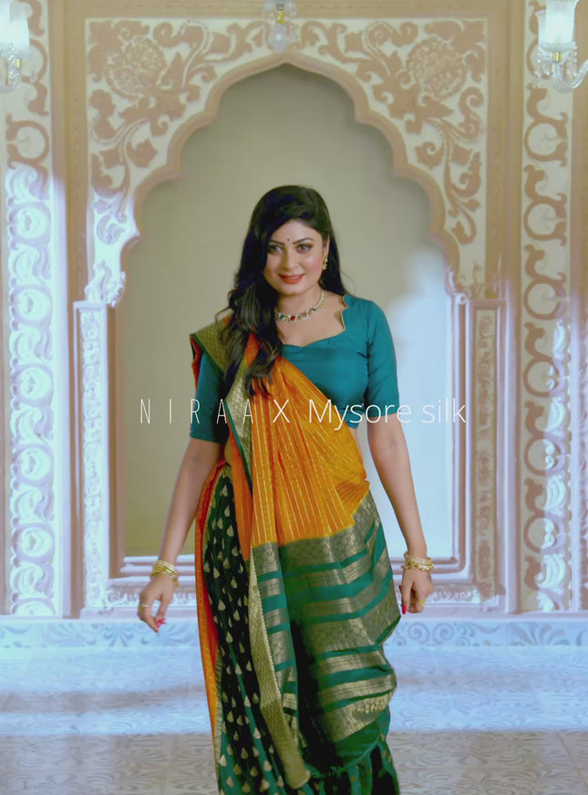 Pure mysore partly silk saree rustic orange and green with allover zari checked pattern and zari woven border
