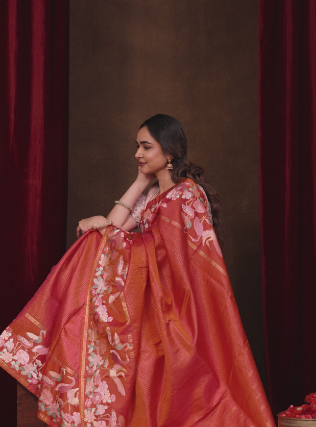 Dual Shade of Pinkish Orange Pure kanchipuram silk saree With Zari Checks & Border Embroidery