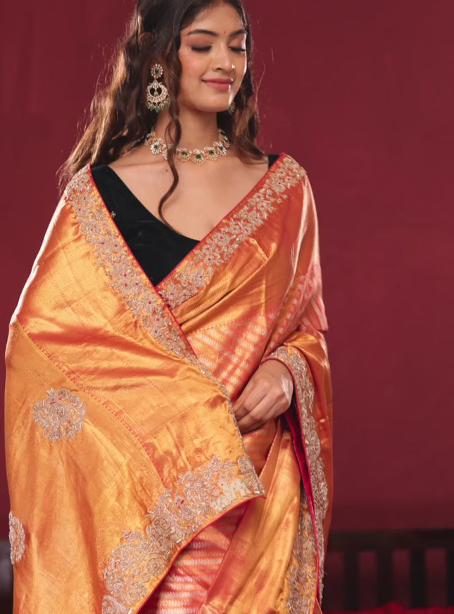 Dual shade of pink pure kanchipuram silk saree with allover zari stripes & border embroidery