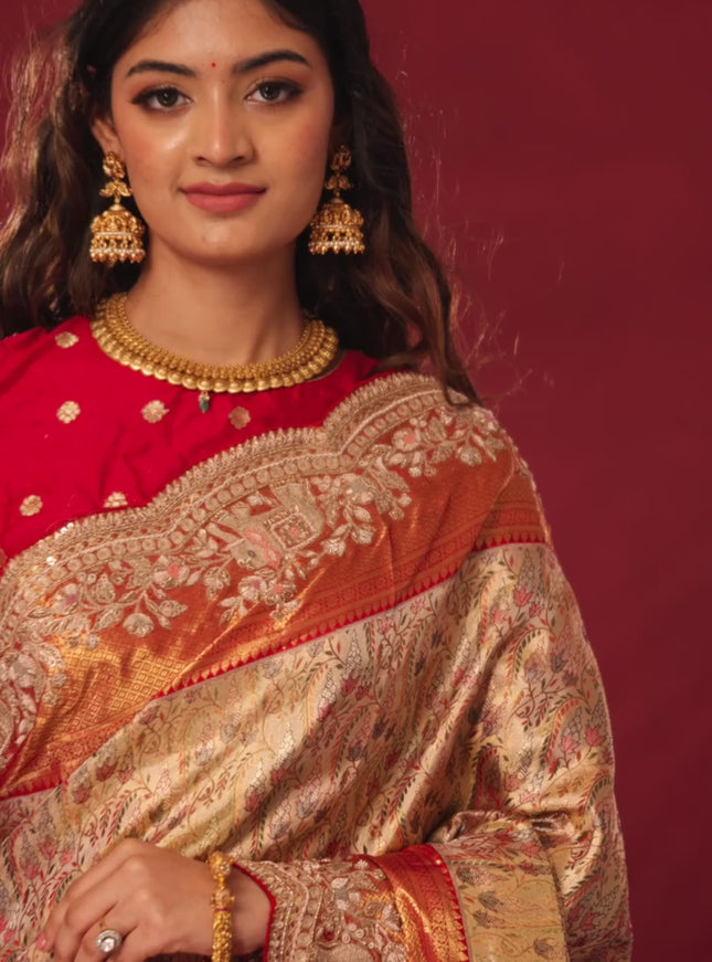 Gold & Red pure kanchipuram tissue silk saree with allover mina weaves & embroidery