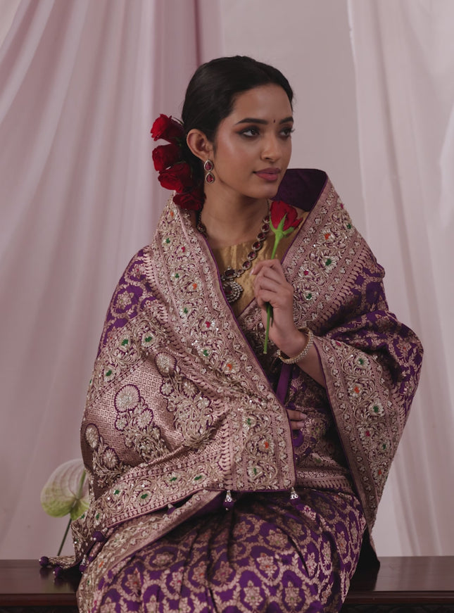Purple Banarasi Uppada silk saree with allover zari weaves & embroidery border