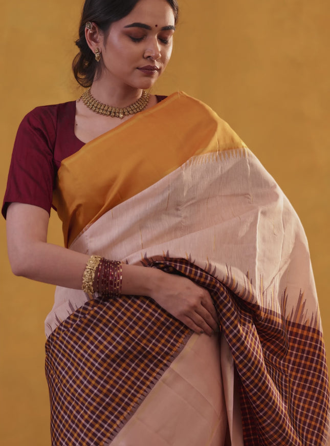 Wine Shade-Mustard yellow Pure Kanchipuram Silk Saree With Checked pattern & ganga Jamuna Border