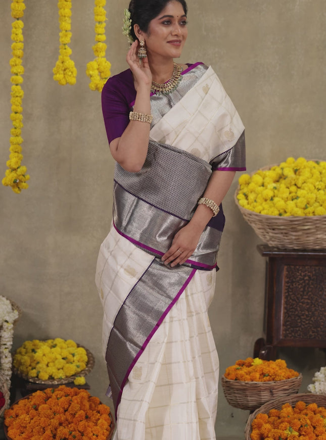 Off white-Purple Pure kanchipuram silk saree with allover zari checks & buttas and zari woven border
