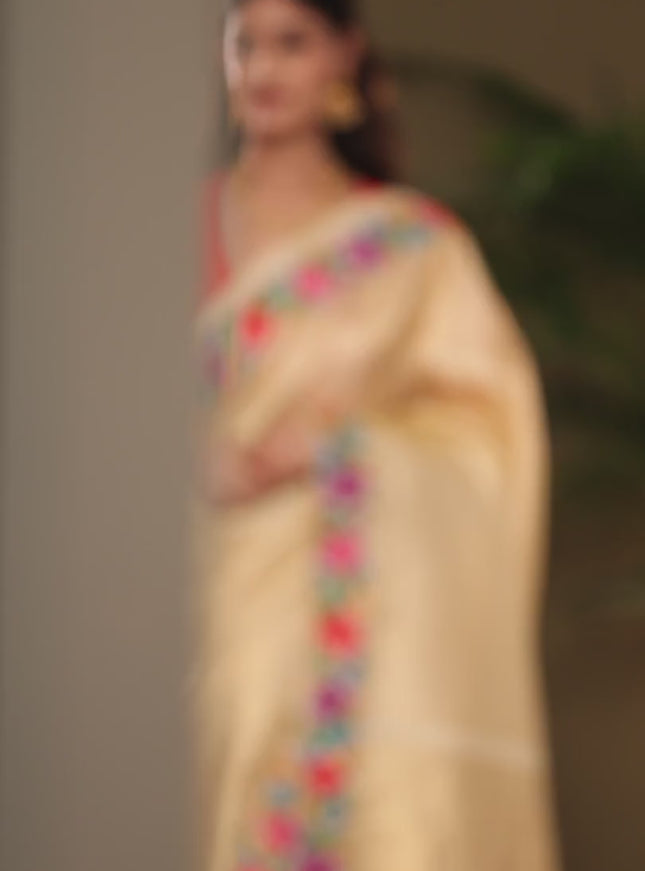 Golden tissue Kanchipuram Silk saree petit point embroidery border