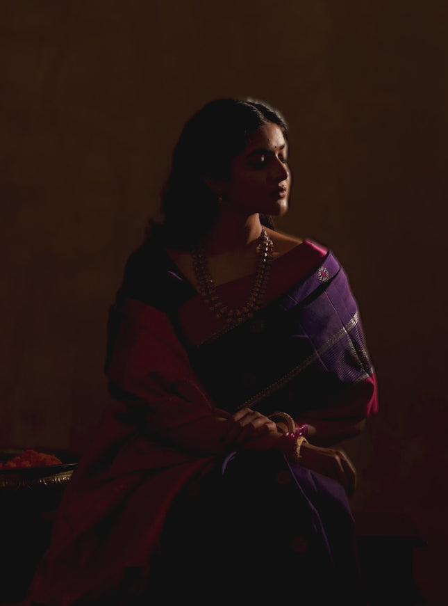 Blue-Pink Pure Kanchipuram silk saree With Zari buttas