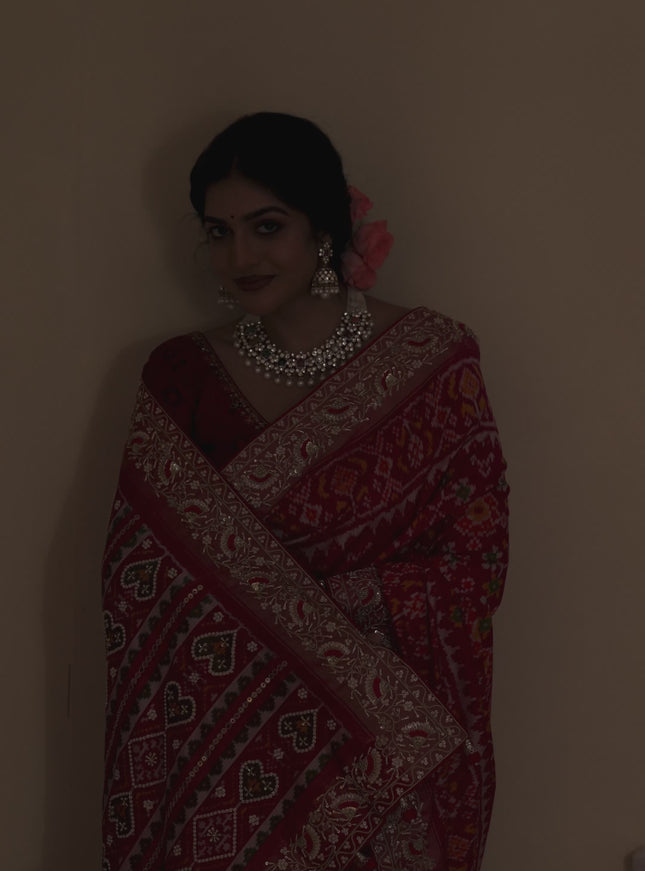 Pink Pochampally silk saree with allover ikat weaves and Embroidered border