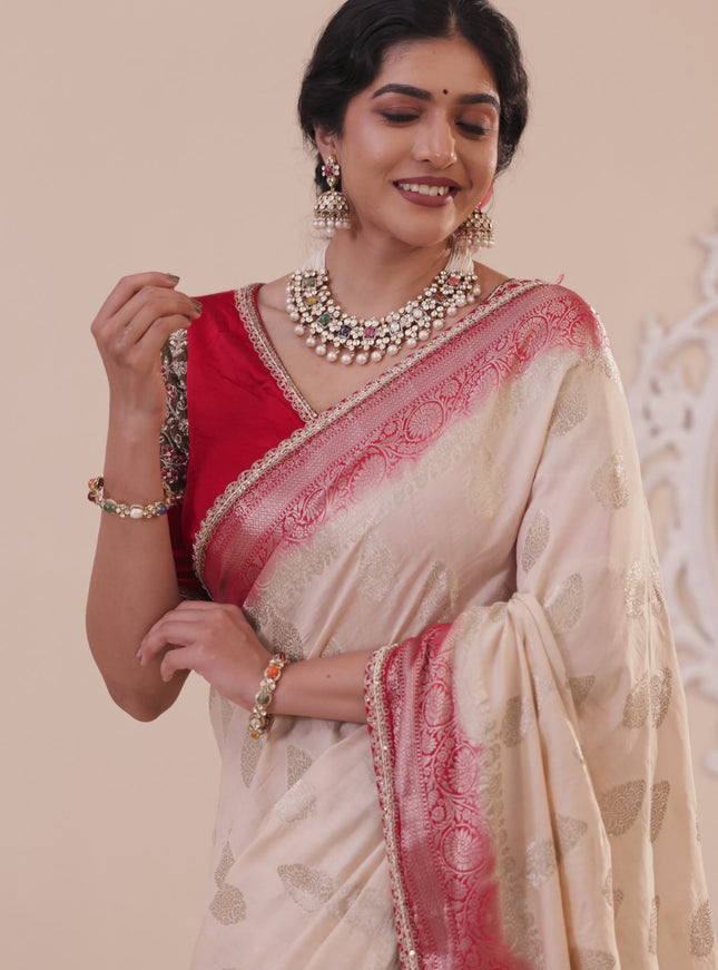 Cream-Red Chiniya silk Saree With silver Zari Buttas & Embroidery Readymade Blouse