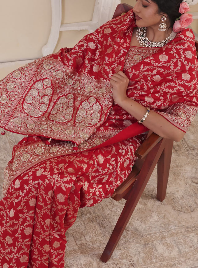 Red Banarasi Uppada silk saree with allover zari weaves & embroidery border