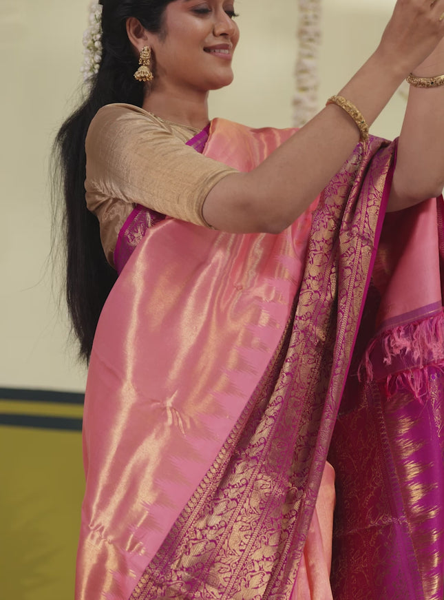 Peach Pink-Purple Pure kanchipuram silk saree with zari woven brocade weaves & long zari woven border