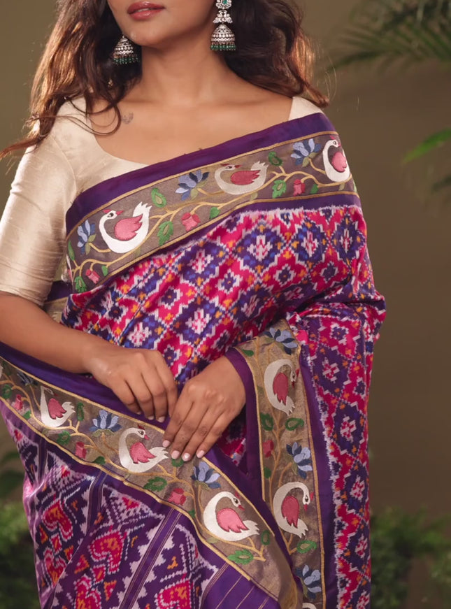 Violet & Pink Pochampally Silk saree with Border Embroidery