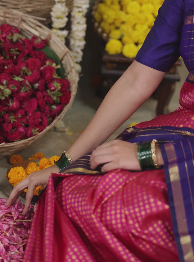 Pink-Blue Pure Kanchipuram silk saree with allover zari woven buttas & long zari woven border