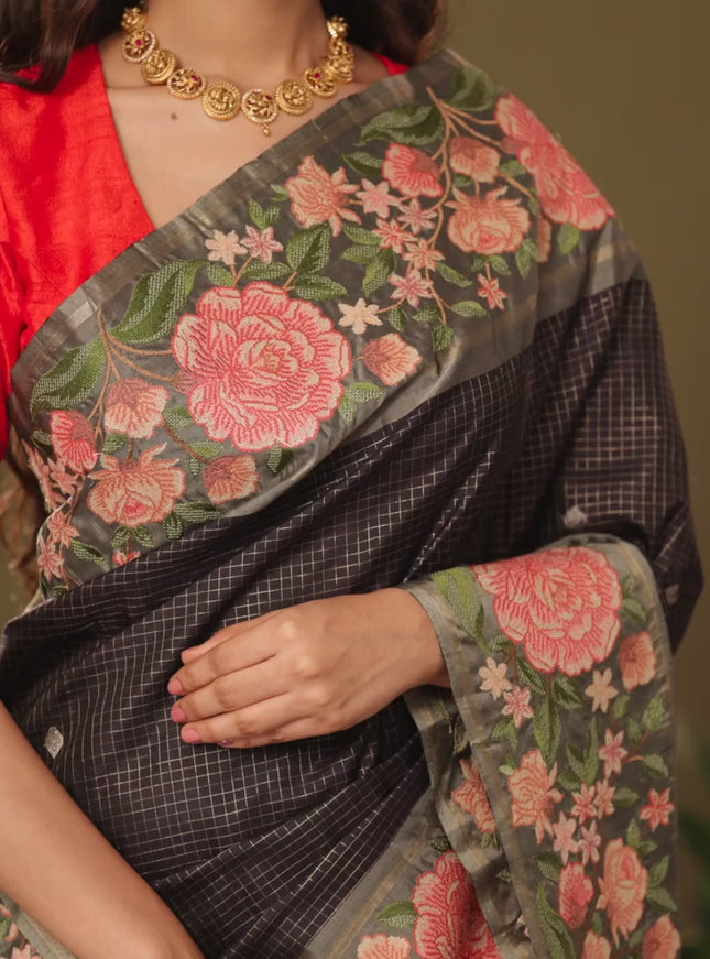 Dark navy blue Kanchipuram Silk with Border Embroidery