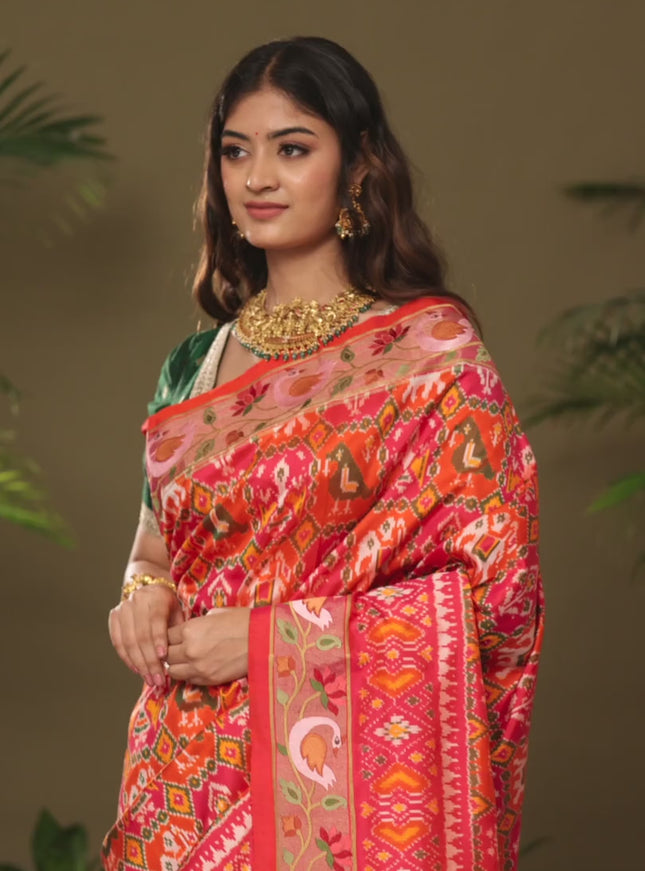 Pink & orange Pochampally Silk saree with Border Embroidery
