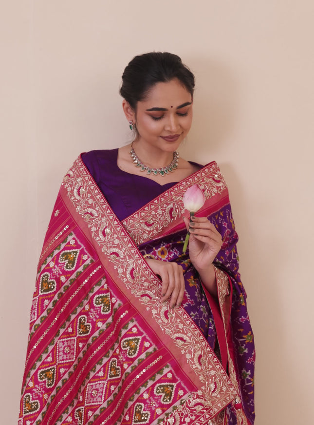 Violet-Pink Pochampally silk saree with allover ikat weaves and Embroidered border
