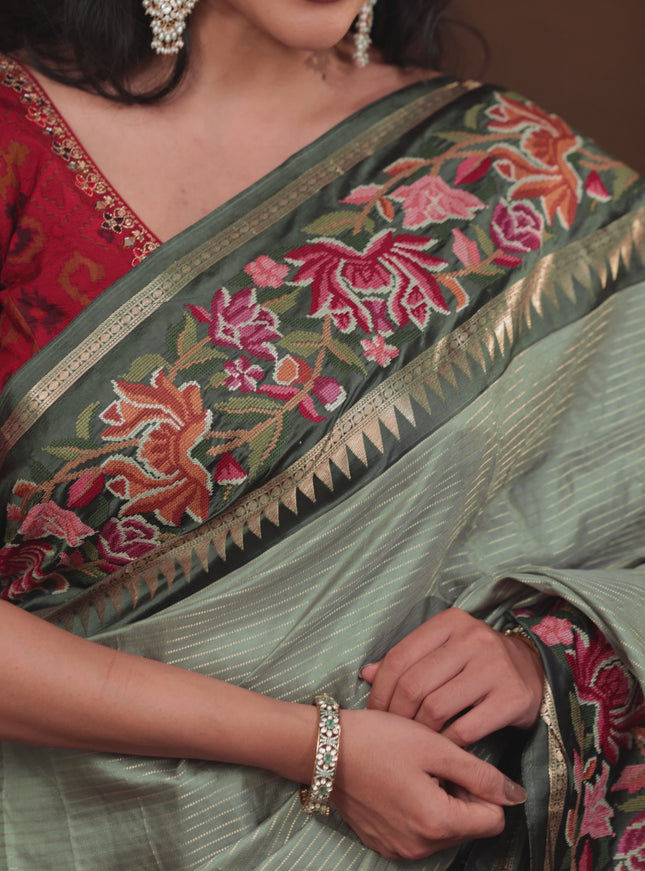 Pastel green -Grey Pure kanchipuram silk saree with Border Embroidery