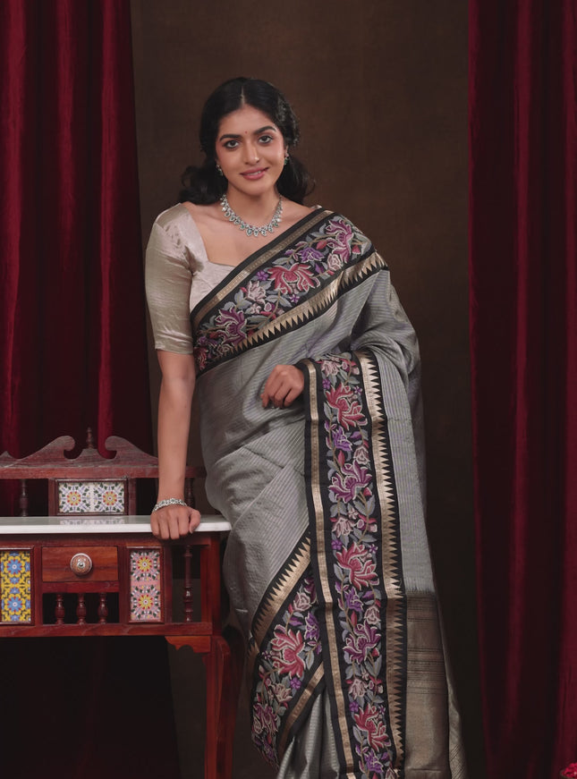 Grey-Black Pure Kanchipuram Silk Saree With Zari Weaves & Border Embroidery