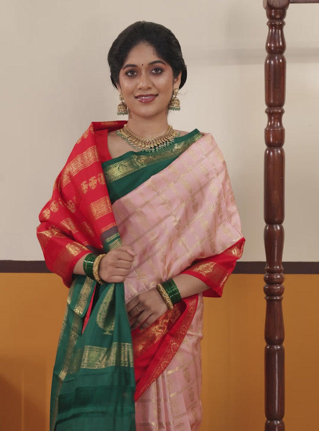Peach pink Pure kanchipuram silk saree With Allover zari checks & ganga jamuna border