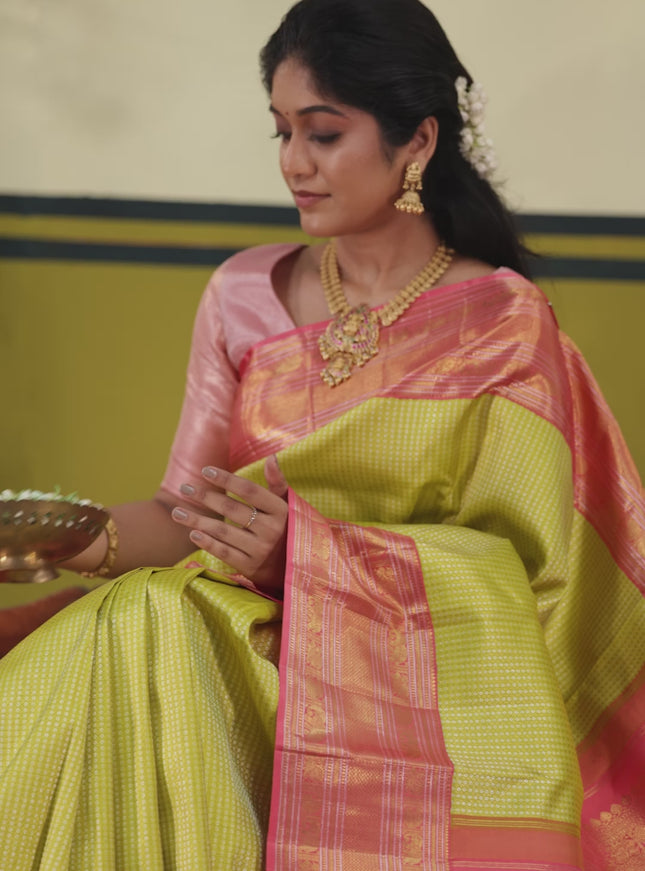 Lime Green-Pink Pure kanchipuram silk saree with allover zari woven brocade weaves & rich zari woven border