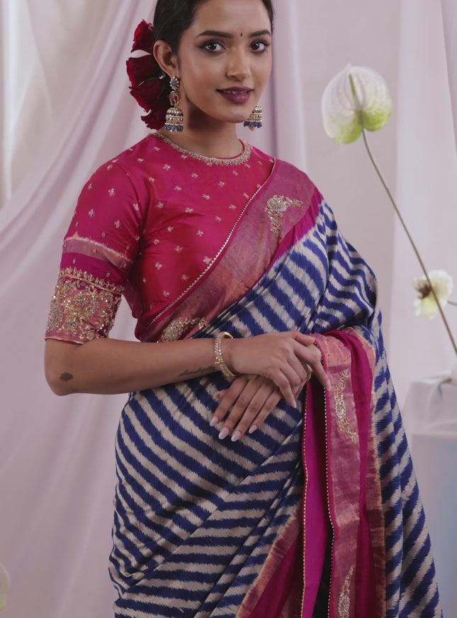 Blue & Pink Pochampally Silk saree with Border Embroidery & Readymade Blouse