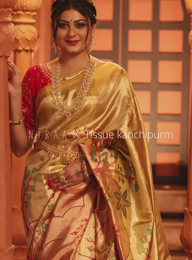 Pure kanchipuram tissue silk saree gold and pink with zari woven nature inspired motifs in borderless style