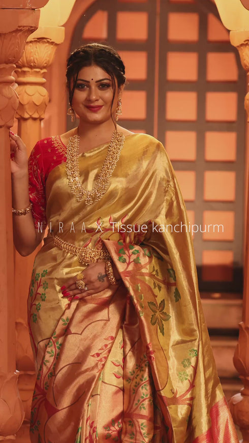 Pure kanchipuram tissue silk saree gold and pink with zari woven nature inspired motifs in borderless style