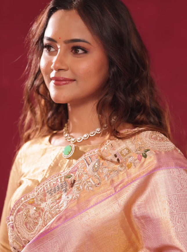 Golden tissue kanchipuram silk saree with allover zari weaves & border embroidery