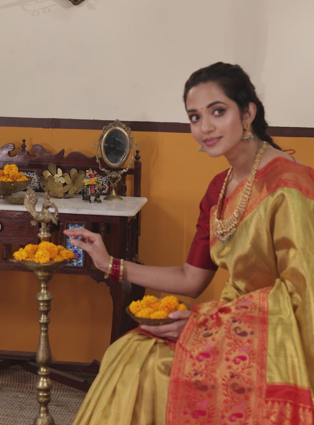 Gold-Red Pure Tissue Kanchipuram silk saree with zari weaves and long rich paithani style border
