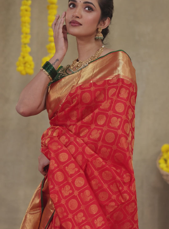 Red Pure kanchipuram silk saree with allover zari checks & annam buttas and zari woven border
