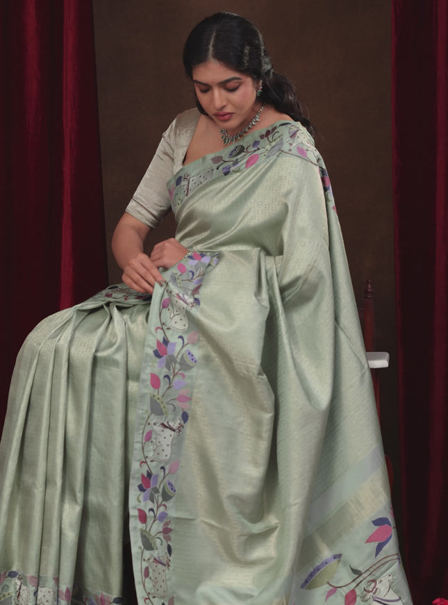 Pastel Green Pure Kanchipuram Silk Saree With Rudhraksha zari weaves & Pichwai Design Border Embroidery