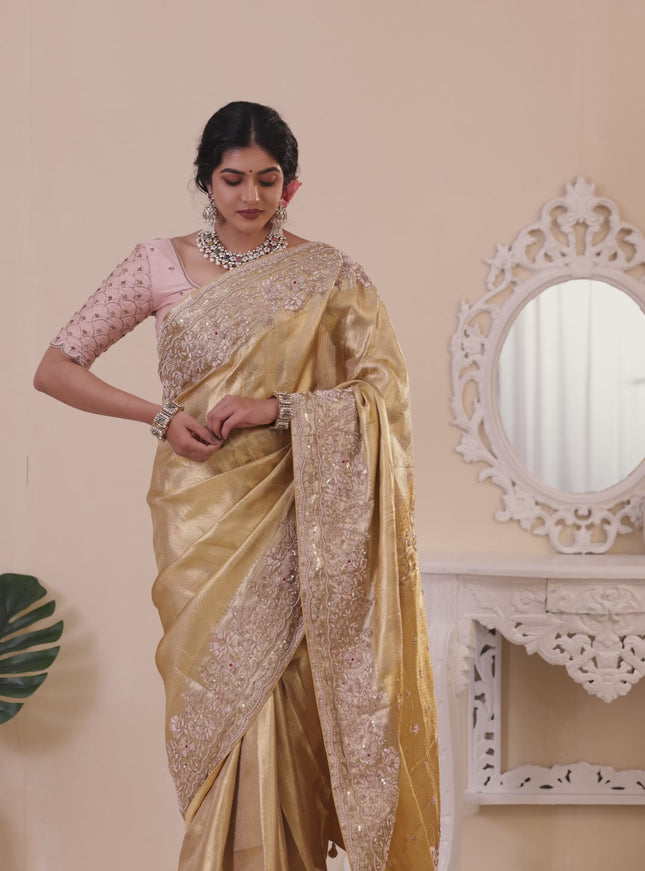Golden Pure Tissue kanchipuram silk saree with embroidery border