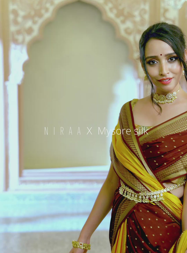 Pure mysore partly silk saree mustard yellow and brown with plain body and zari woven border