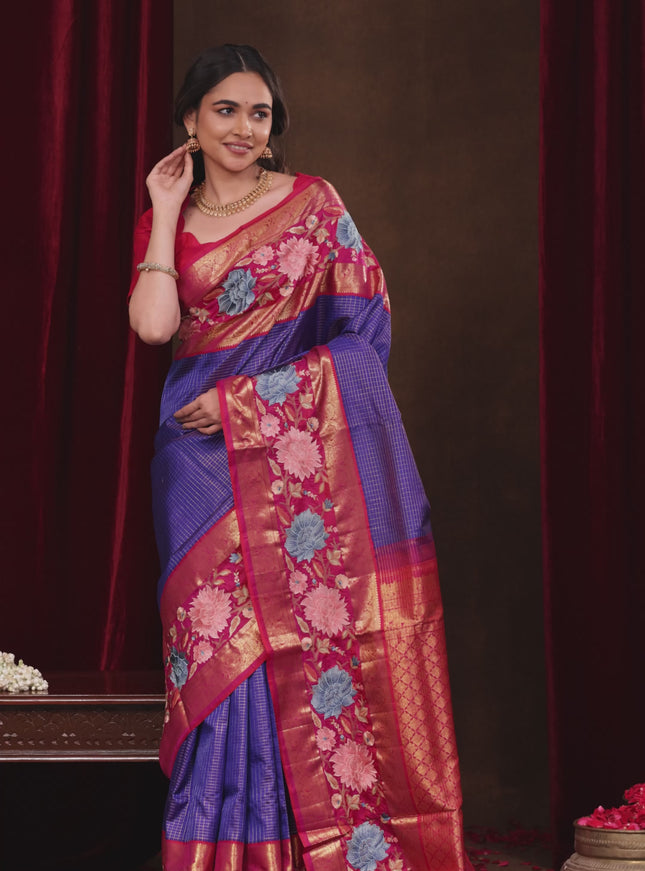 Blue -Pink Pure Kanchipuram Silk Saree With Zari Checks & Border Embroidery