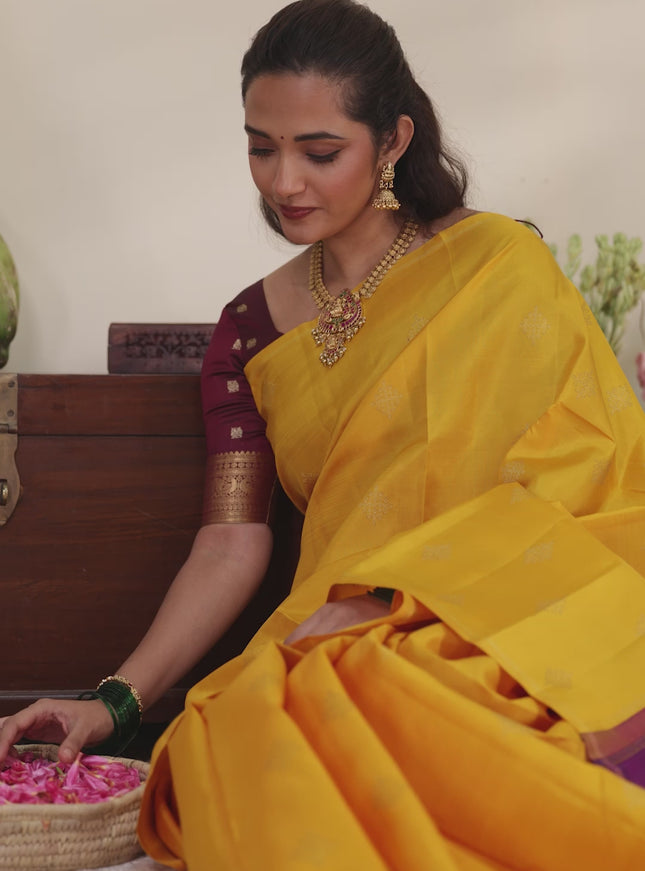 Mustard yellow-Purple pure kanchipuram silk saree with zari woven buttas & in borderless style