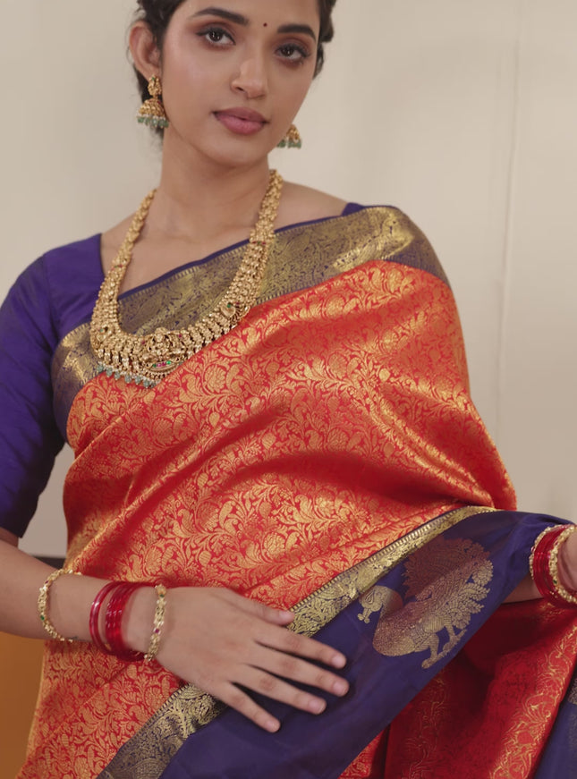 Red -Blue Pure Kanchipuram silk saree with zari woven brocade weaves and long annam butta zari border