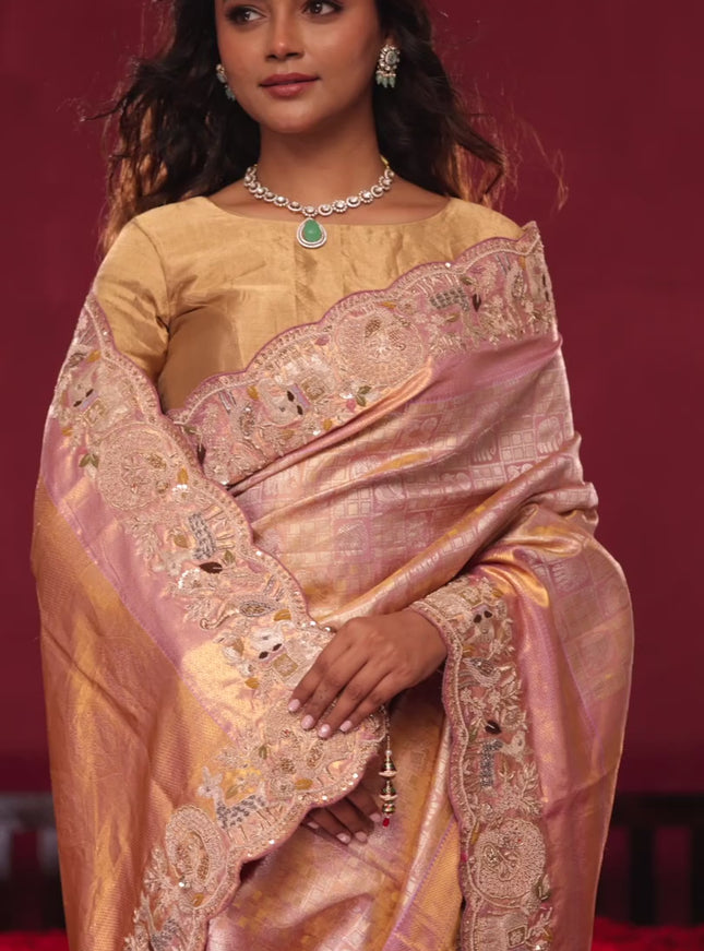 Pastel pink pure kanchipuram silk saree with brocade zari weaves & embroidery