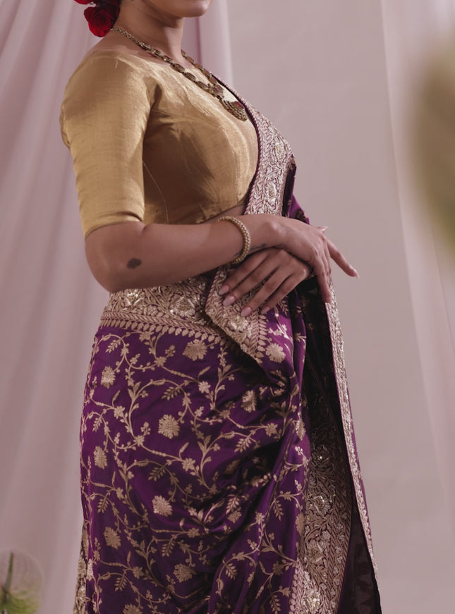 Purple Banarasi Uppada silk saree with allover zari weaves & embroidery border