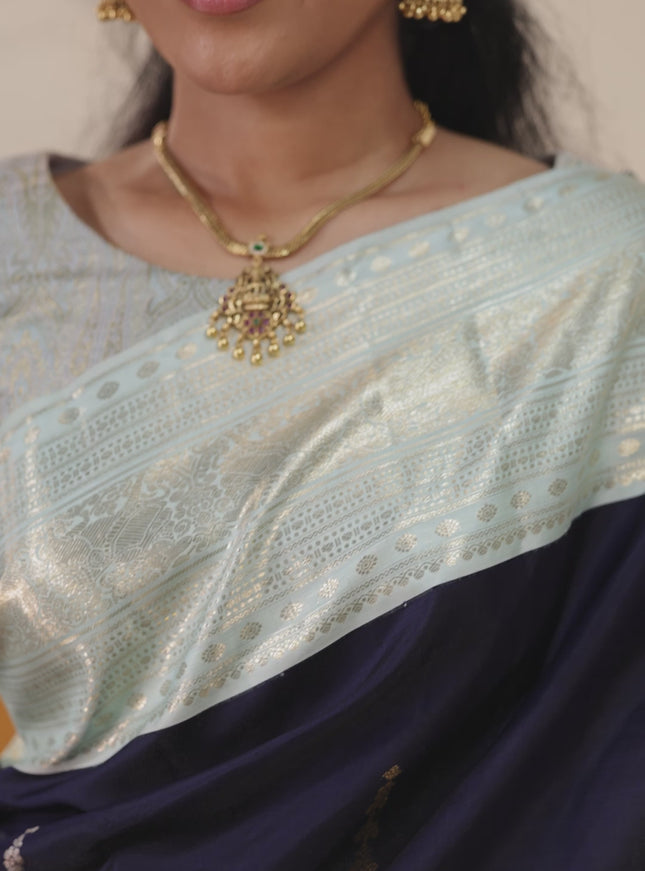 Navy blue-Pastel blue Pure kanchipuram silk saree With zari woven buttas & rich zari border
