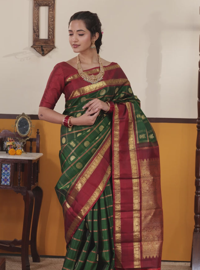Green-Maroon Pure kanchipuram Silk Saree With Allover zari checks & buttas and rettapet zari woven border