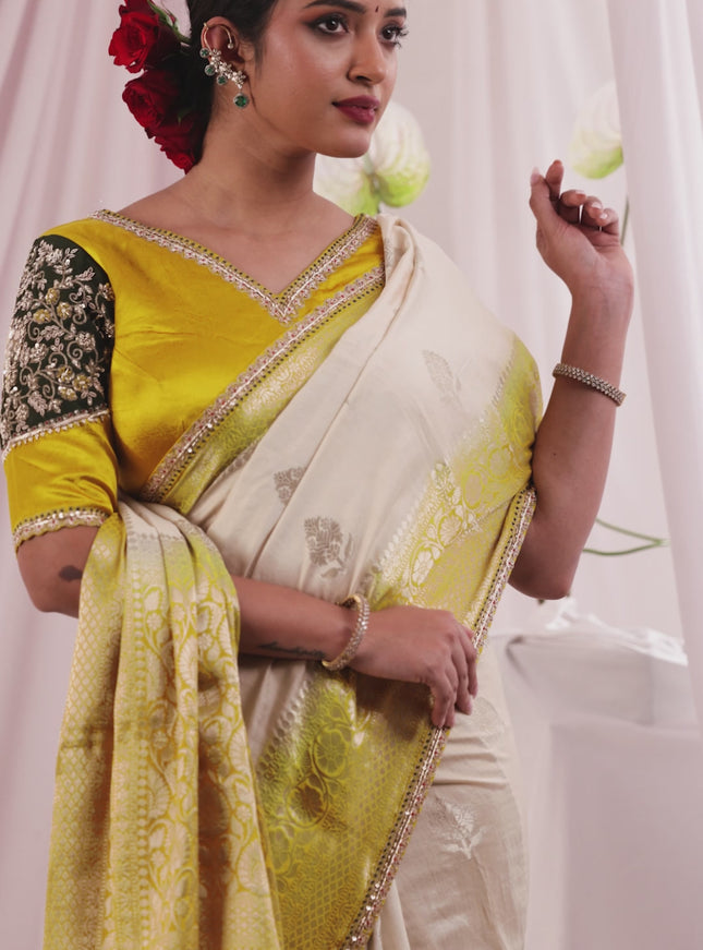 Cream-Yellow Chiniya silk Saree With silver Zari Buttas & Embroidery Readymade Blouse