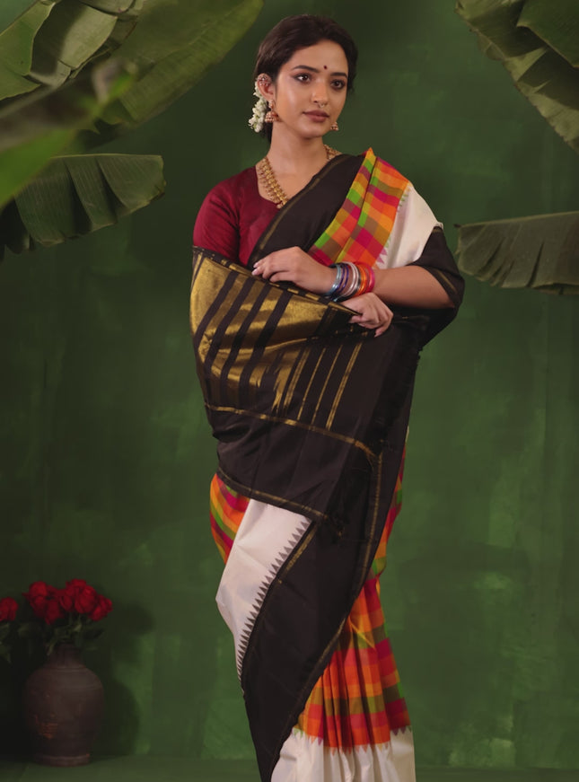 Multi Colour-Black Pure Kanchipuram Silk Saree With Allover Checked Pattern