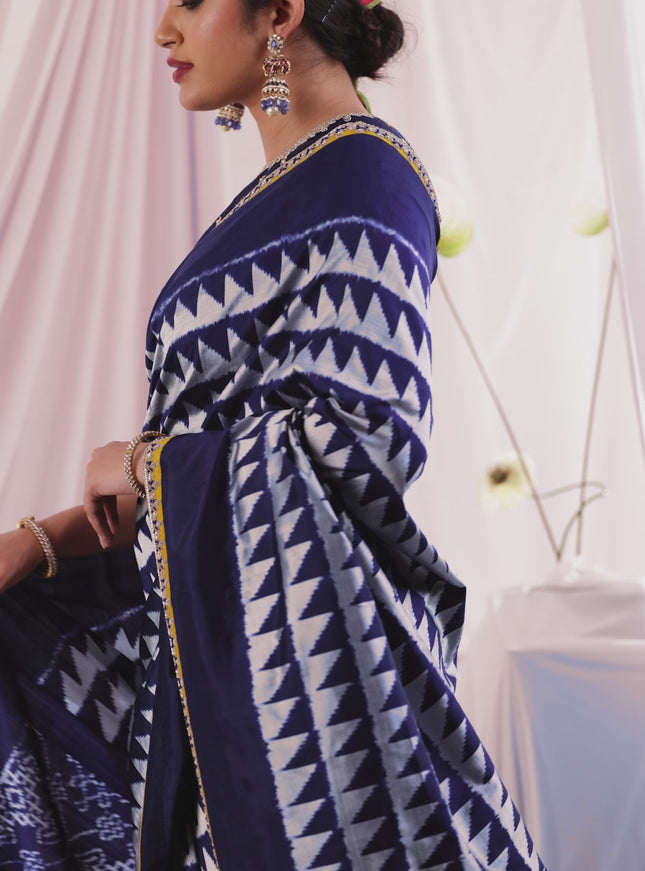 Navy Blue-Mustard Yellow Pochampally Silk saree With Border Embroidery-Readymade blouse