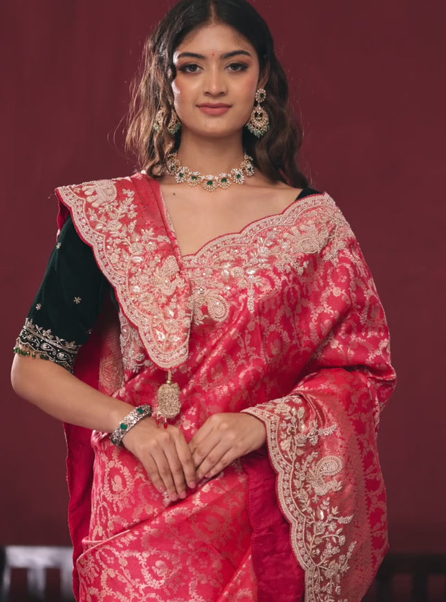 Pink Pure kanchipuram silk saree with allover brocade zari weaves & border embroidery