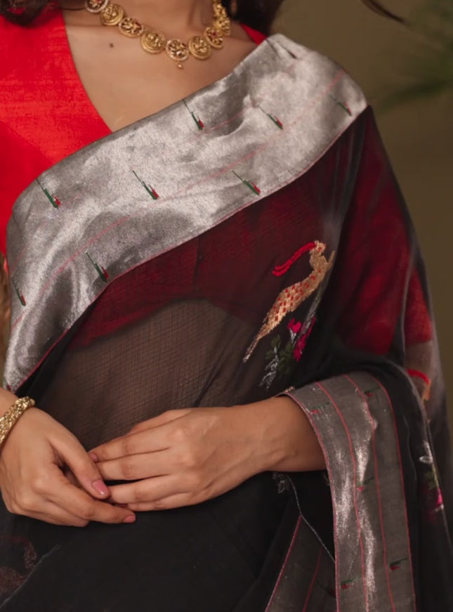 Black Zari Kota With Rich Silver Zari Paithani Pallu Weaving